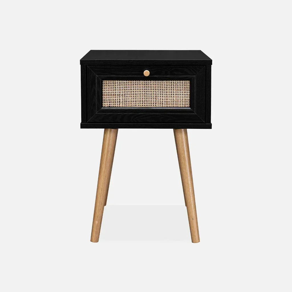 Nachttisch Rattan Holz Vintage Boho Stil 1 Schublade Beistelltisch