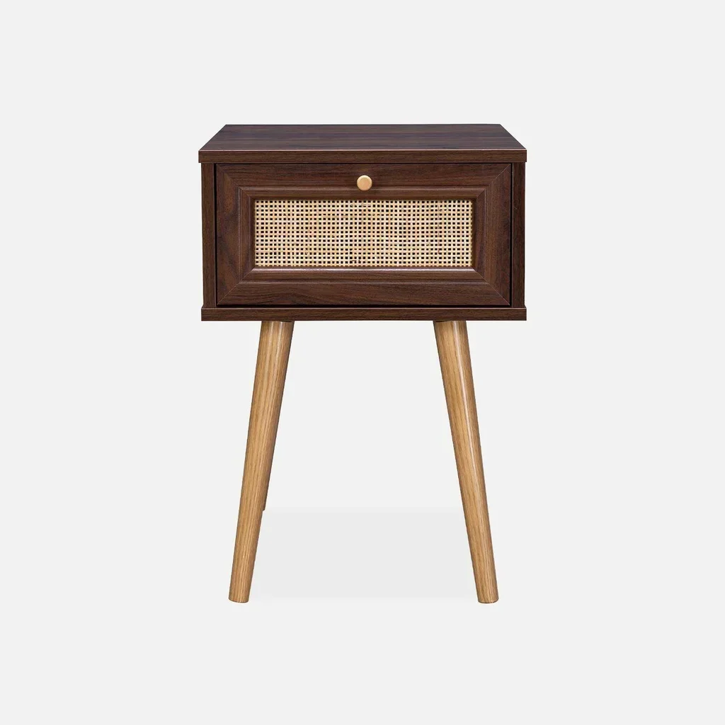 Nachttisch aus Rattan und Holz mit 1 Schublade Natur Boho Vintage Stil