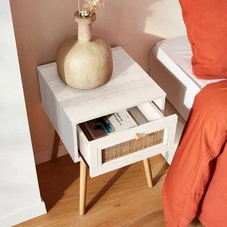 Nachttisch Rattan Holz 1 Schublade Vintage Boho Stil 39x39cm