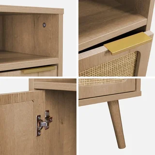 Comodino rotondo in legno naturale rattan 1 anta Eva