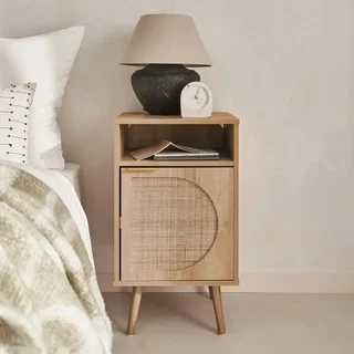 Comodino rotondo in legno naturale rattan 1 anta Eva
