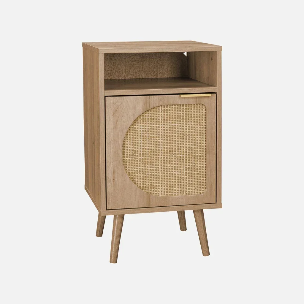 Comodino rotondo in legno naturale rattan 1 anta Eva
