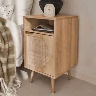 Comodino rotondo in legno naturale rattan 1 anta Eva