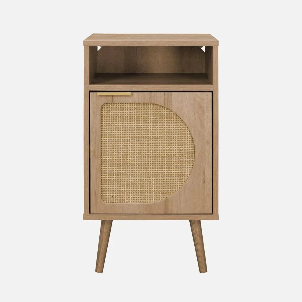 Comodino rotondo in legno naturale rattan 1 anta Eva