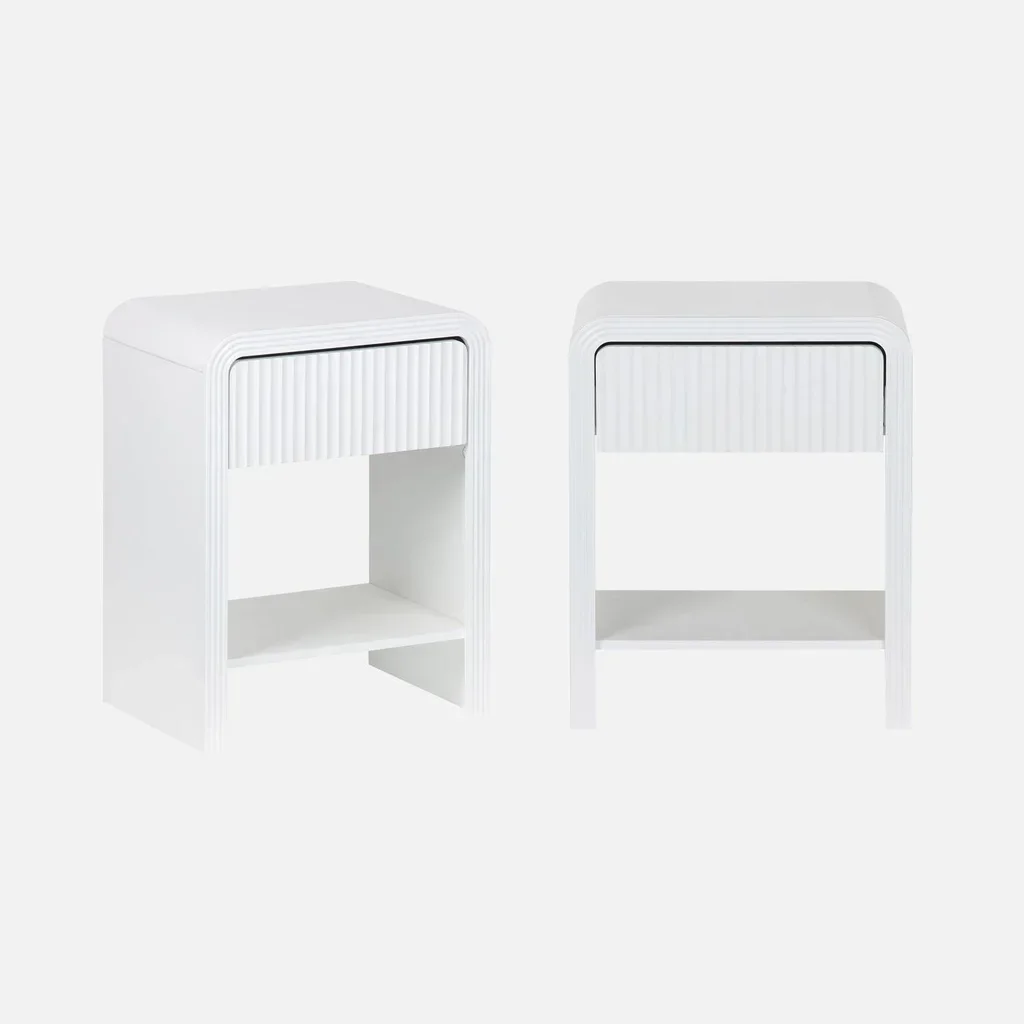 Table de chevet design blanc bois strié 1 tiroir lot de 2