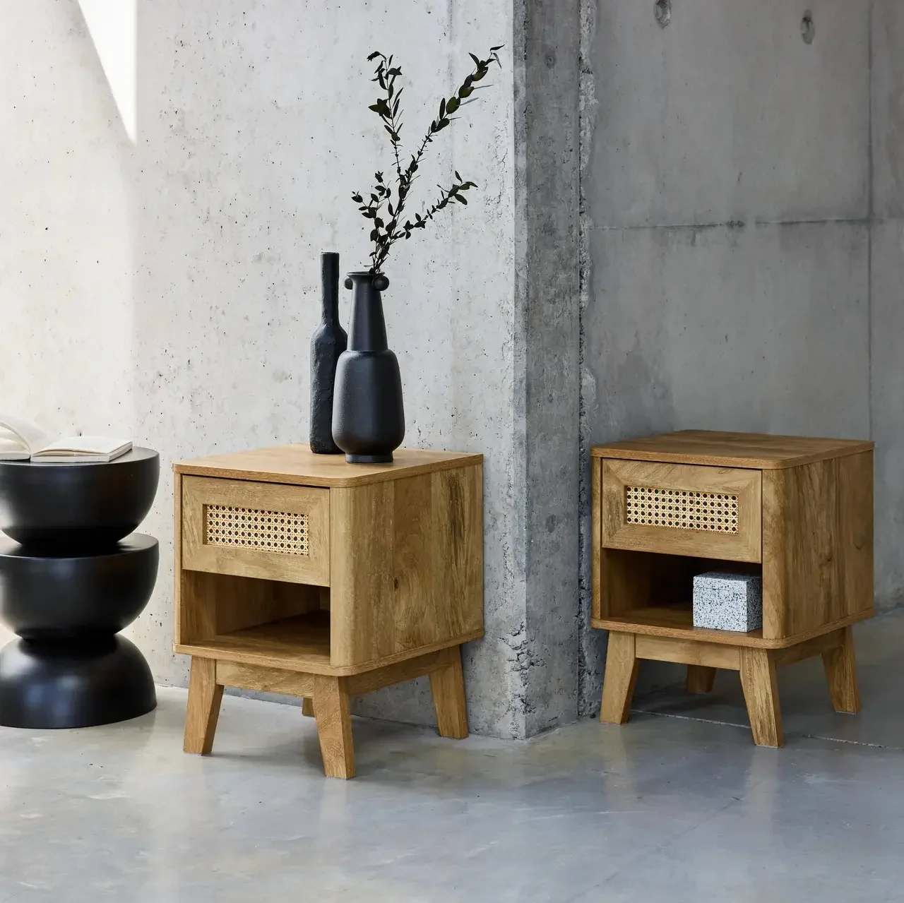 Table de nuit cannage et bois eucalyptus - Lot de 2 - Collection Mani