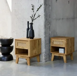 Table de nuit cannage et bois eucalyptus - Lot de 2 - Collection Mani