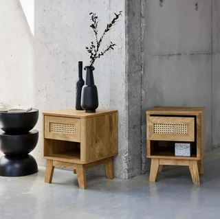 Table de nuit cannage et bois eucalyptus - Lot de 2 - Collection Mani