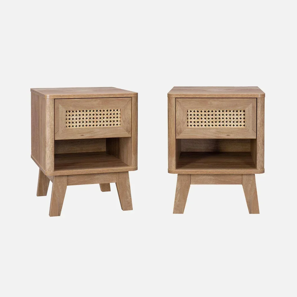 Table de nuit cannage et bois eucalyptus - Lot de 2 - Collection Mani