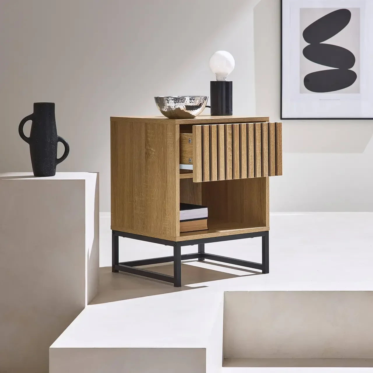 Table de nuit moderne décor bois strié 1 tiroir rangement noir