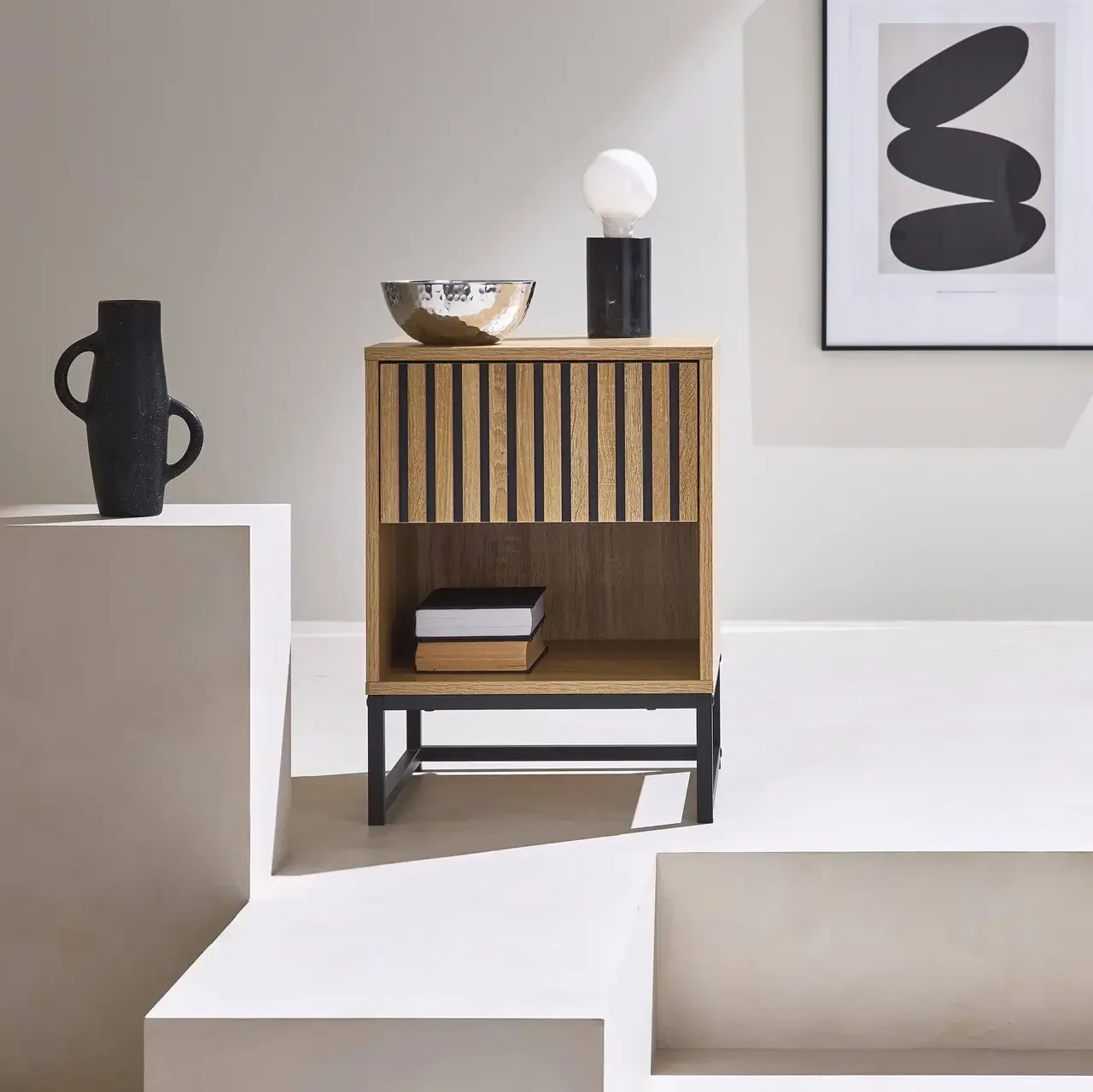 Table de nuit moderne décor bois strié 1 tiroir rangement noir