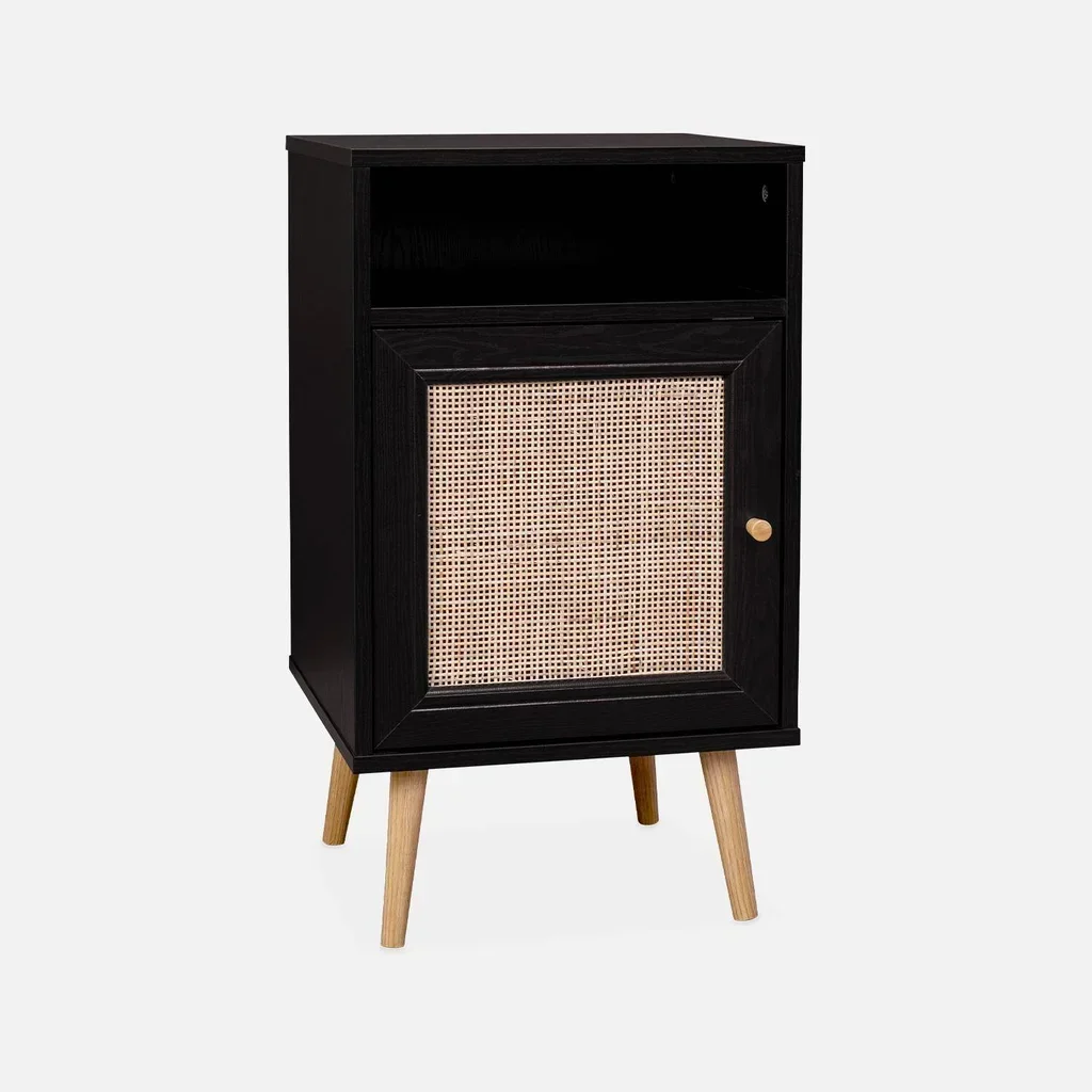 Scandinavian bedside table rattan dark wood set of 2 reversible door bohemian bedroom