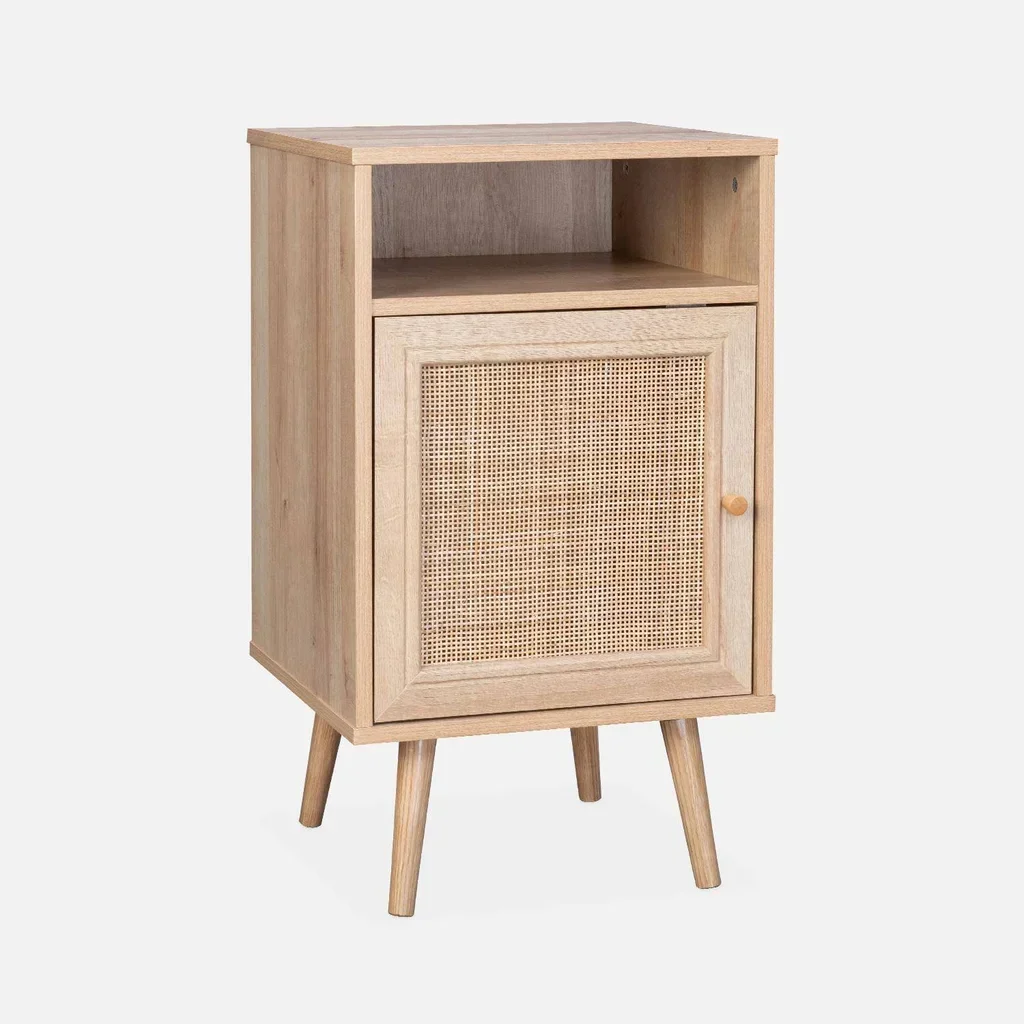 Scandinavian nightstand rattan dark wood set of 2 bedside tables