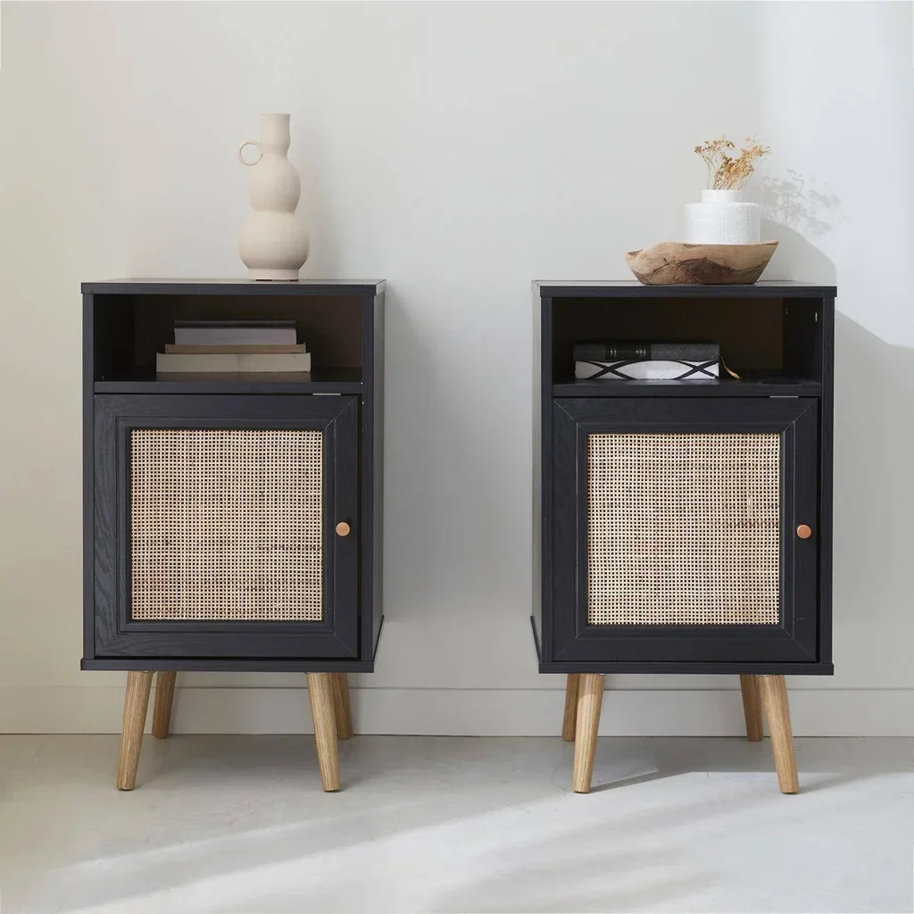 Scandinavian bedside table rattan dark wood set of 2 reversible door bohemian bedroom