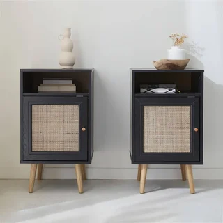 Scandinavian bedside table rattan dark wood set of 2 reversible door bohemian bedroom