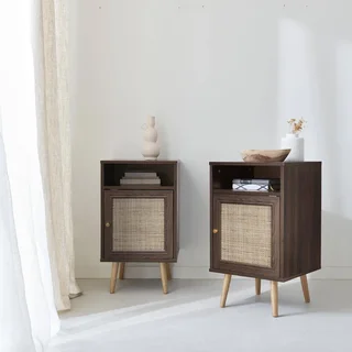 Scandinavian rattan nightstand 1 door set of 2 dark wood