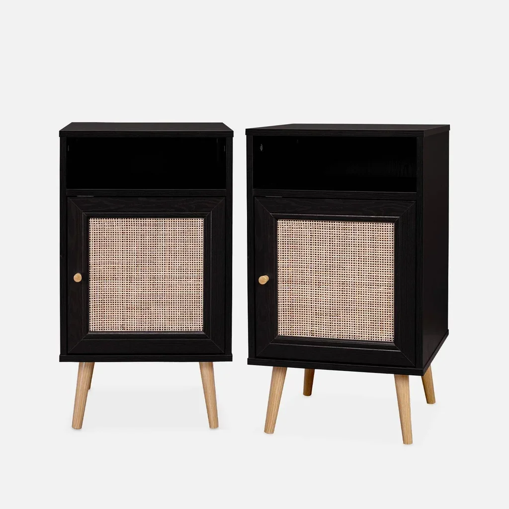 Scandinavian bedside table rattan dark wood set of 2 reversible door bohemian bedroom