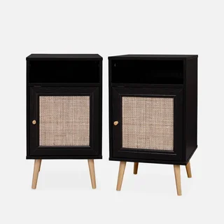 Scandinavian bedside table rattan dark wood set of 2 reversible door bohemian bedroom