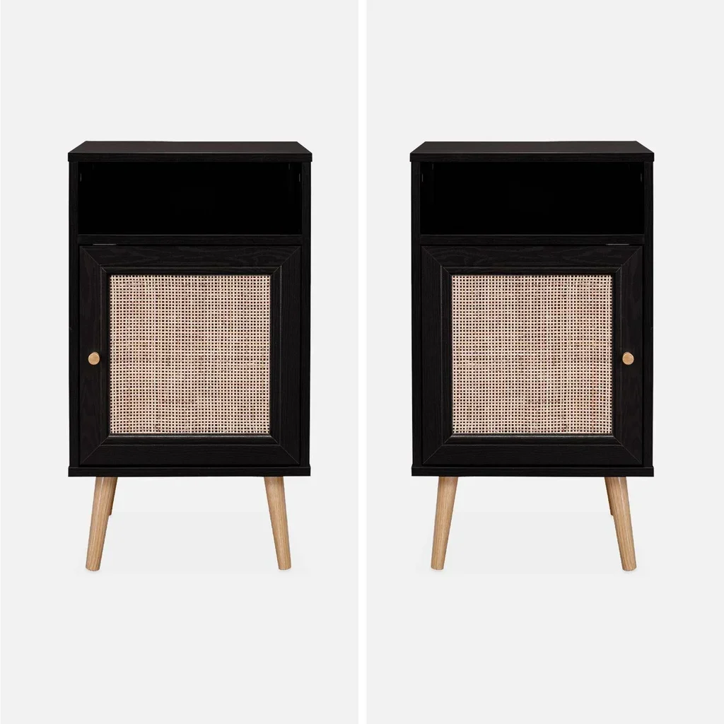 Scandinavian bedside table rattan dark wood set of 2 reversible door bohemian bedroom