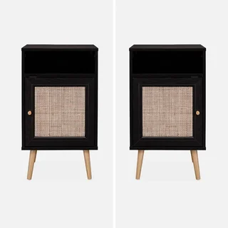 Scandinavian bedside table rattan dark wood set of 2 reversible door bohemian bedroom