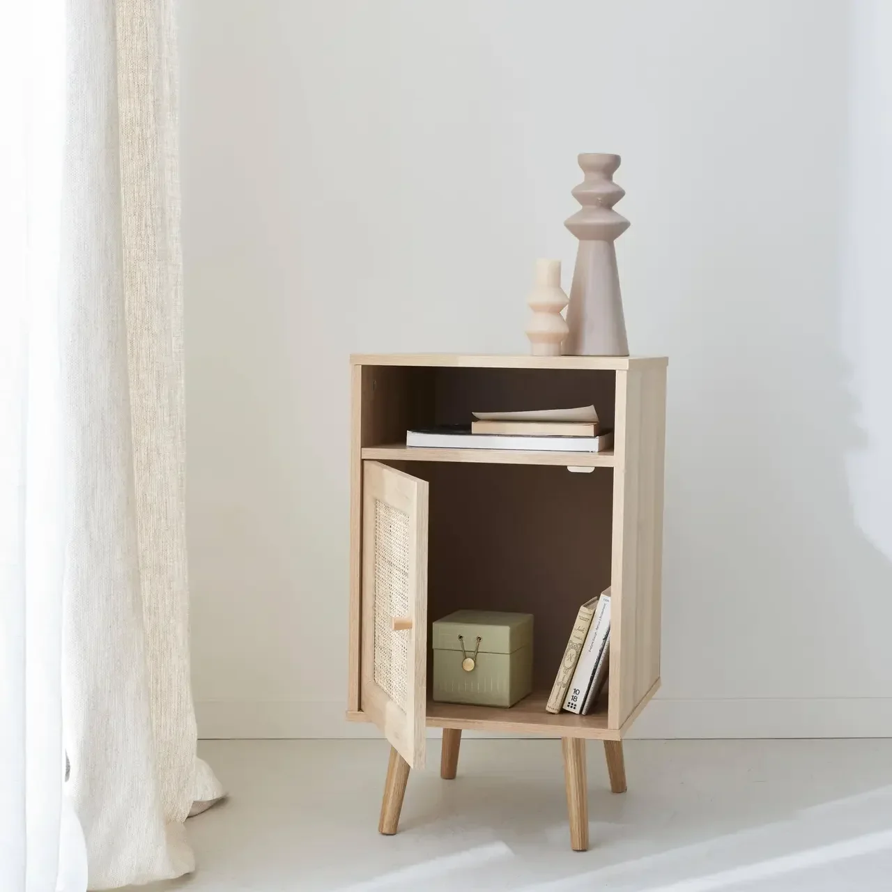 Scandinavian nightstand rattan dark wood set of 2 bedside tables