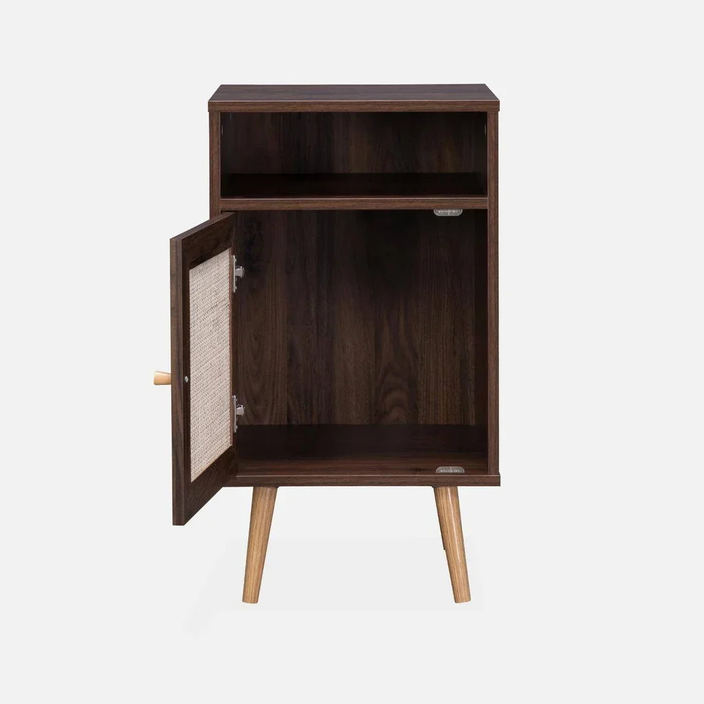 Scandinavian rattan nightstand 1 door set of 2 dark wood
