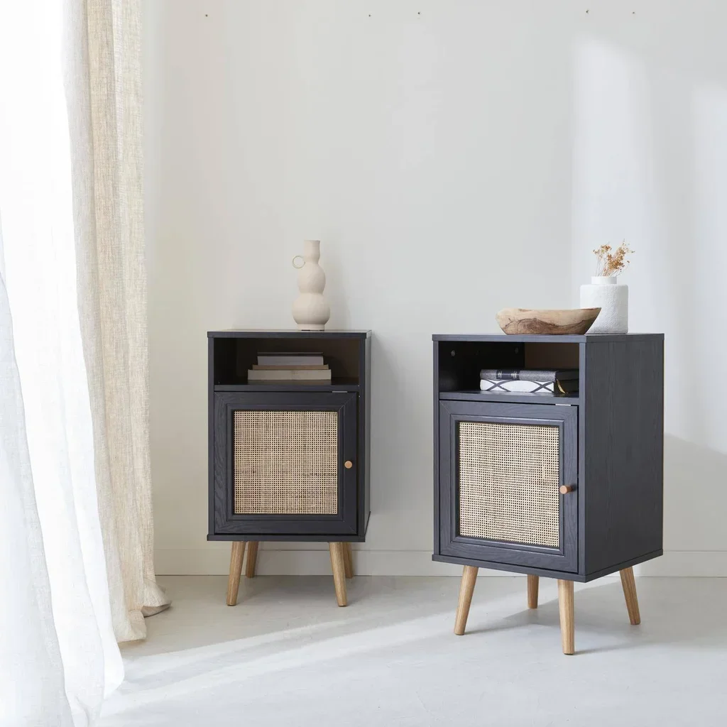 Scandinavian bedside table rattan dark wood set of 2 reversible door bohemian bedroom