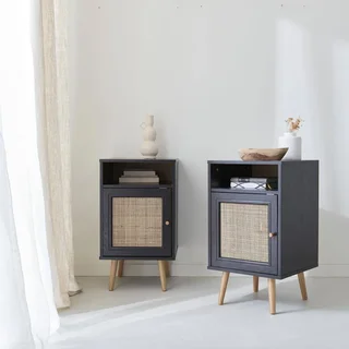 Scandinavian bedside table rattan dark wood set of 2 reversible door bohemian bedroom