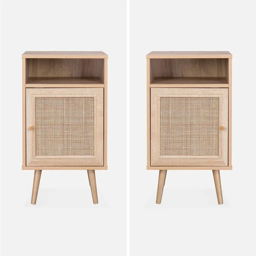 Scandinavian nightstand rattan dark wood set of 2 bedside tables
