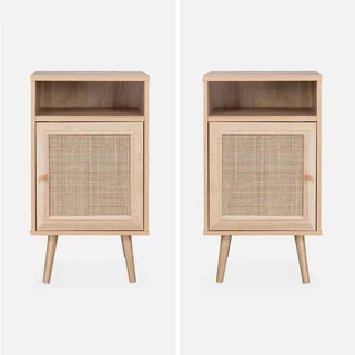 Scandinavian nightstand rattan dark wood set of 2 bedside tables