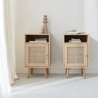 Scandinavian nightstand rattan dark wood set of 2 bedside tables