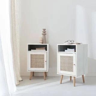 Scandinavian nightstand rattan dark wood set of 2 reversible door