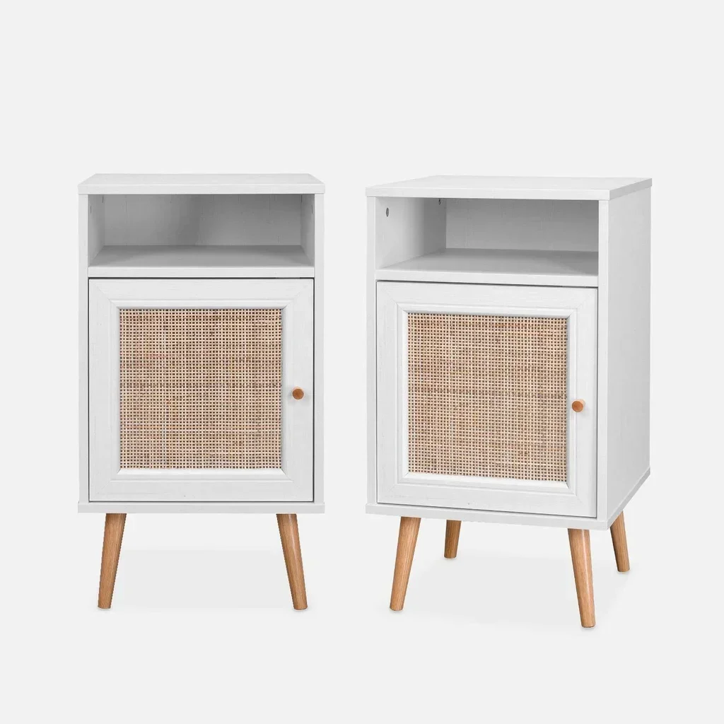 Scandinavian nightstand rattan dark wood set of 2 reversible door