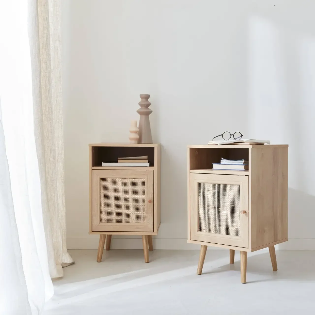 Scandinavian nightstand rattan dark wood set of 2 bedside tables
