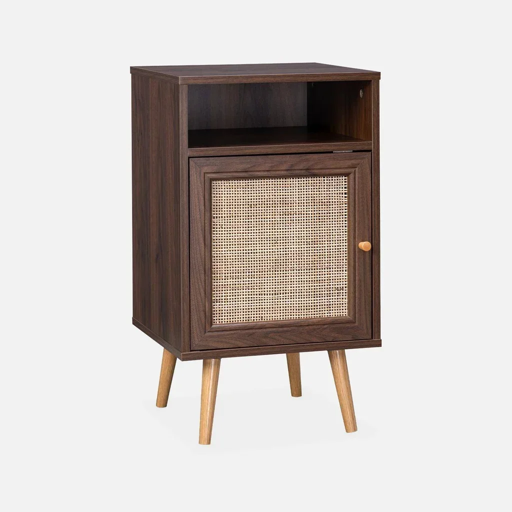 Scandinavian rattan nightstand 1 door set of 2 dark wood