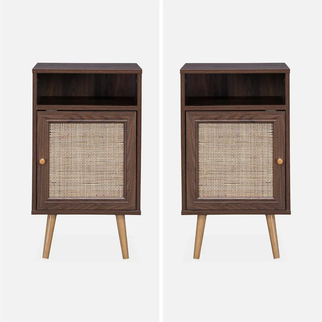 Scandinavian rattan nightstand 1 door set of 2 dark wood