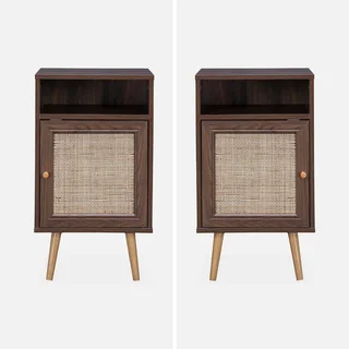 Scandinavian rattan nightstand 1 door set of 2 dark wood