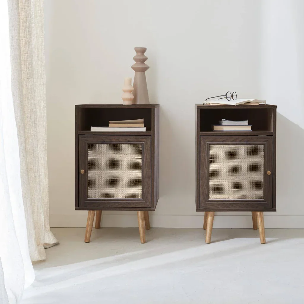 Table de nuit scandinave cannage 1 porte lot de 2 bois foncé