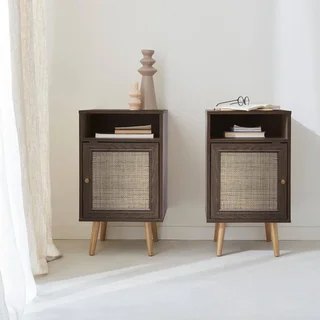 Scandinavian rattan nightstand 1 door set of 2 dark wood