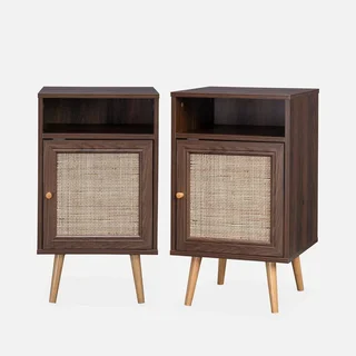 Scandinavian rattan nightstand 1 door set of 2 dark wood