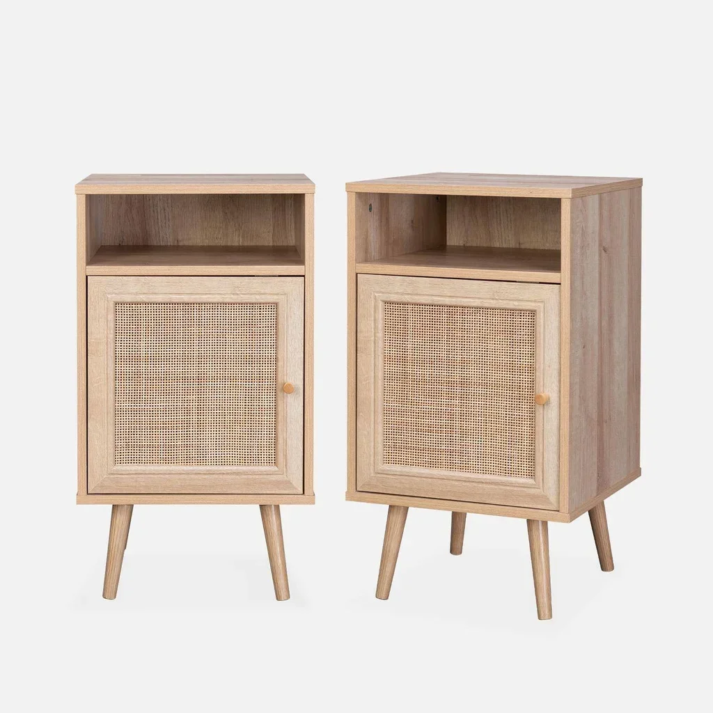 Scandinavian nightstand rattan dark wood set of 2 bedside tables