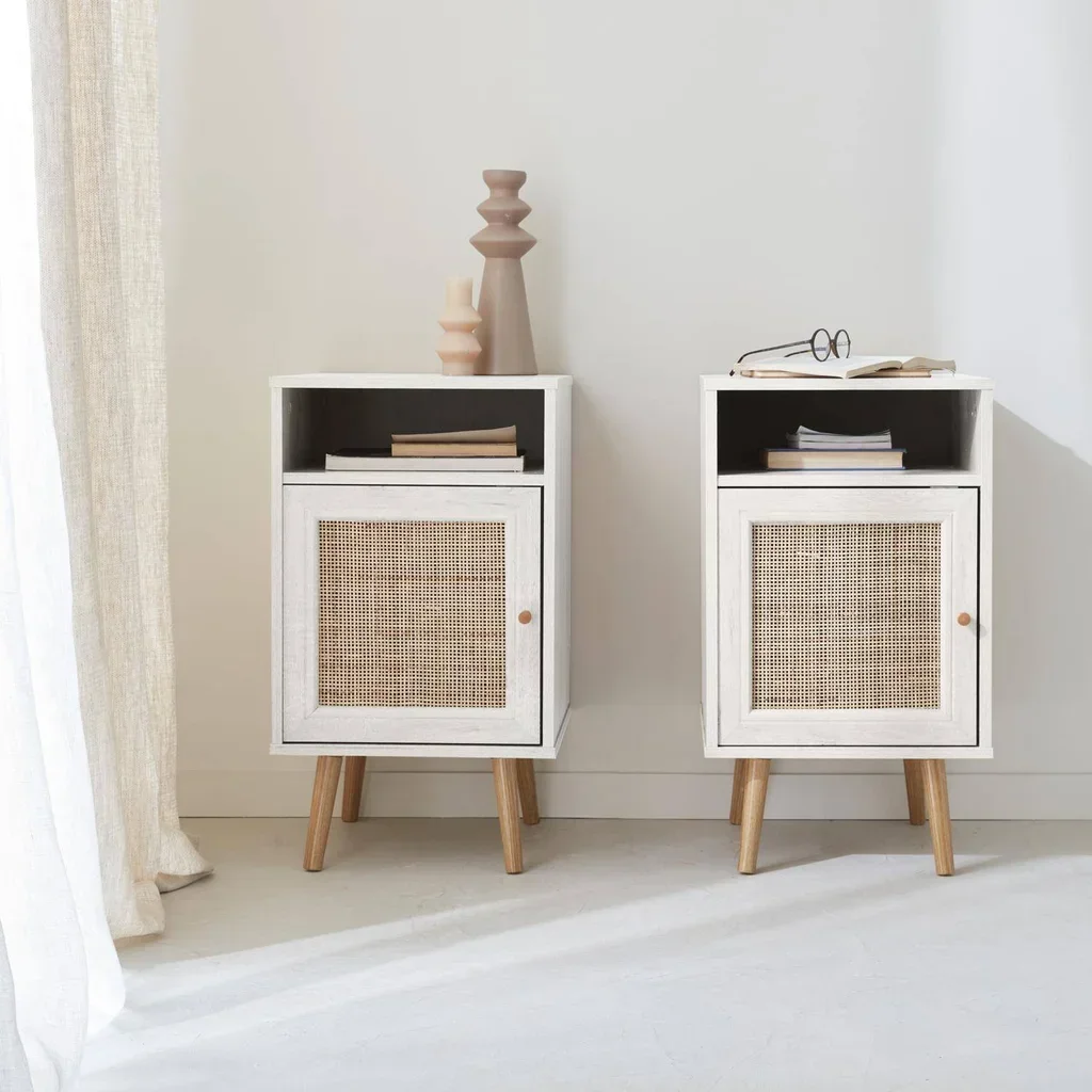 Scandinavian nightstand rattan dark wood set of 2 reversible door