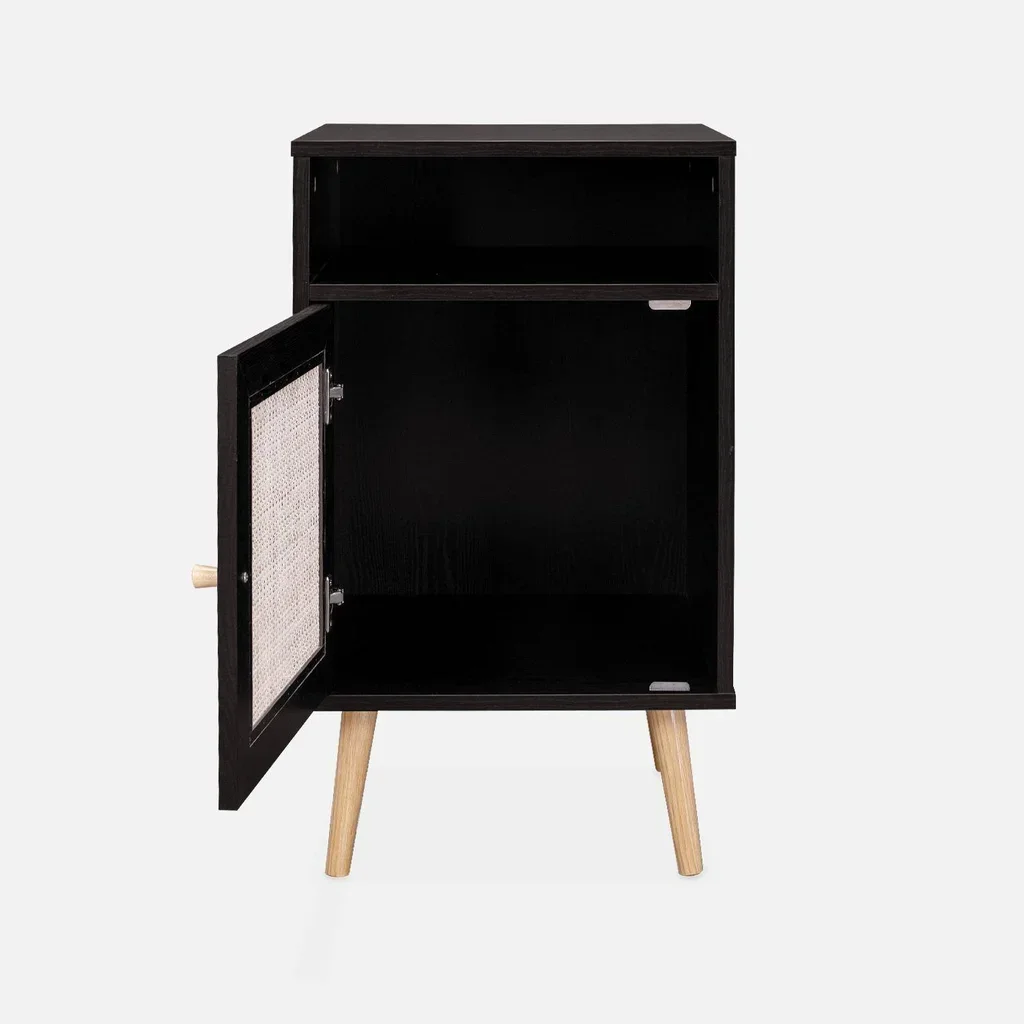 Scandinavian bedside table rattan dark wood set of 2 reversible door bohemian bedroom
