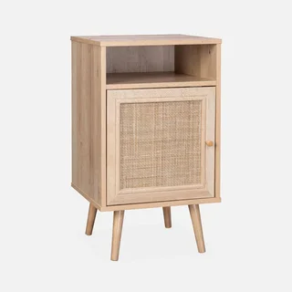 Table de nuit scandinave cannage porte bois chambre bohème chic