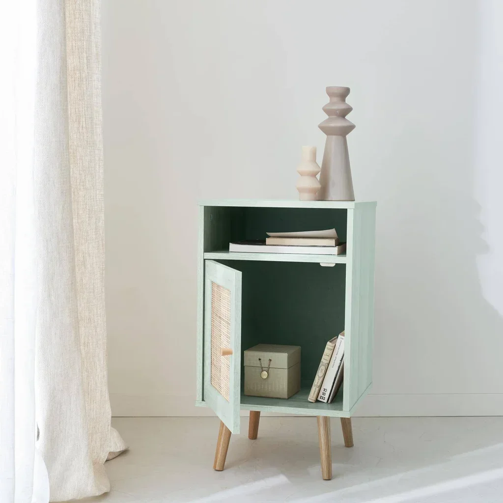 Table de nuit cannage scandinave 1 porte bois naturel bohème