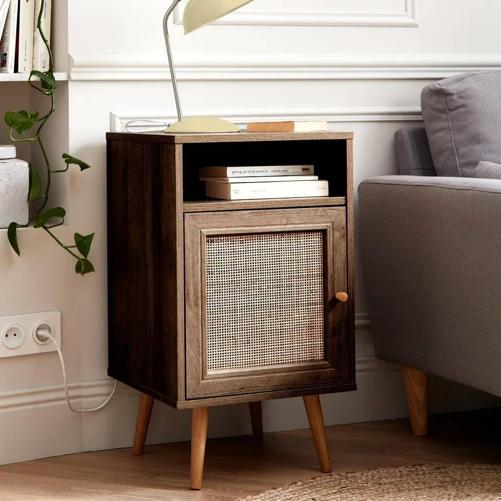 Table de nuit scandinave cannage 1 porte bois naturel chambre