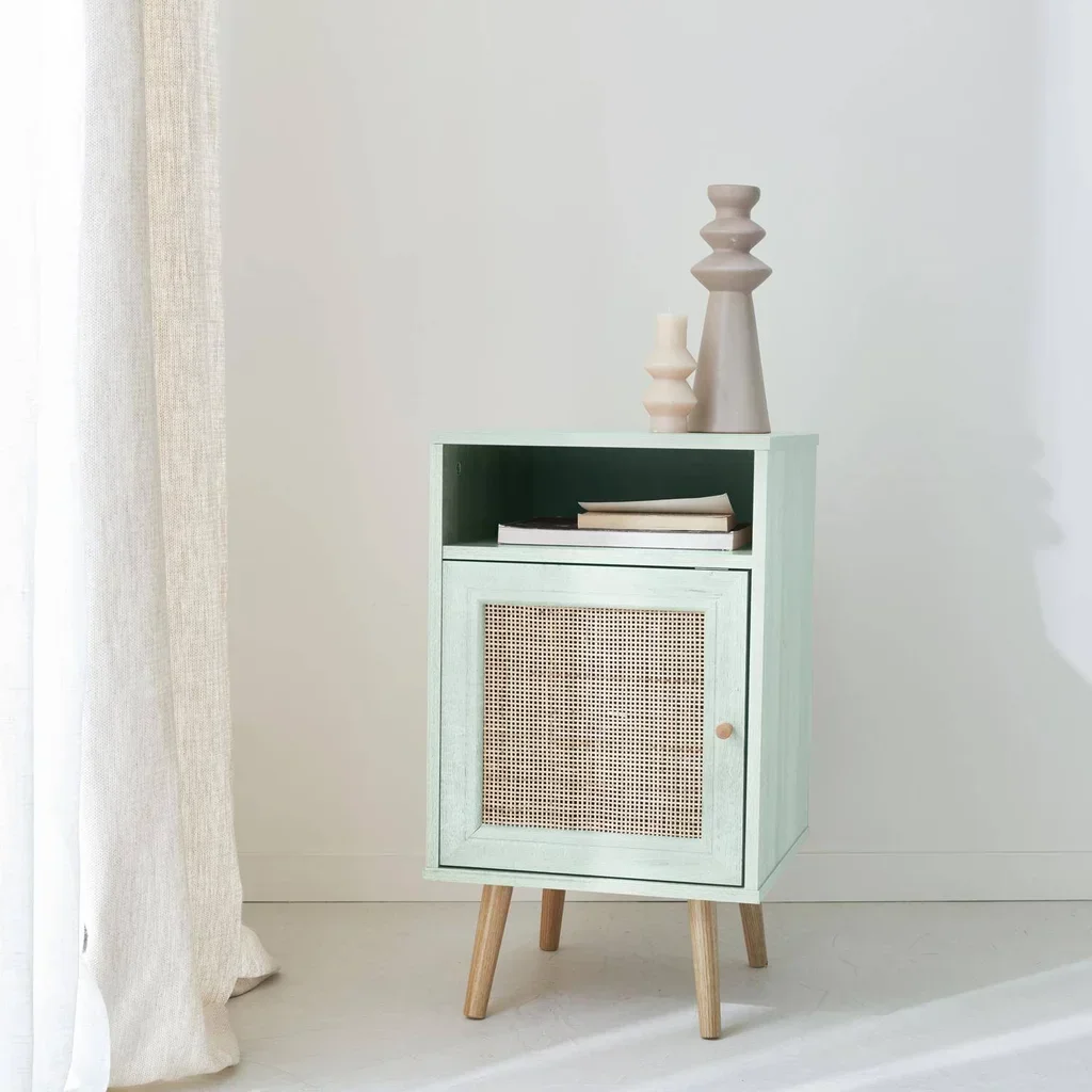 Table de nuit cannage scandinave 1 porte bois naturel bohème