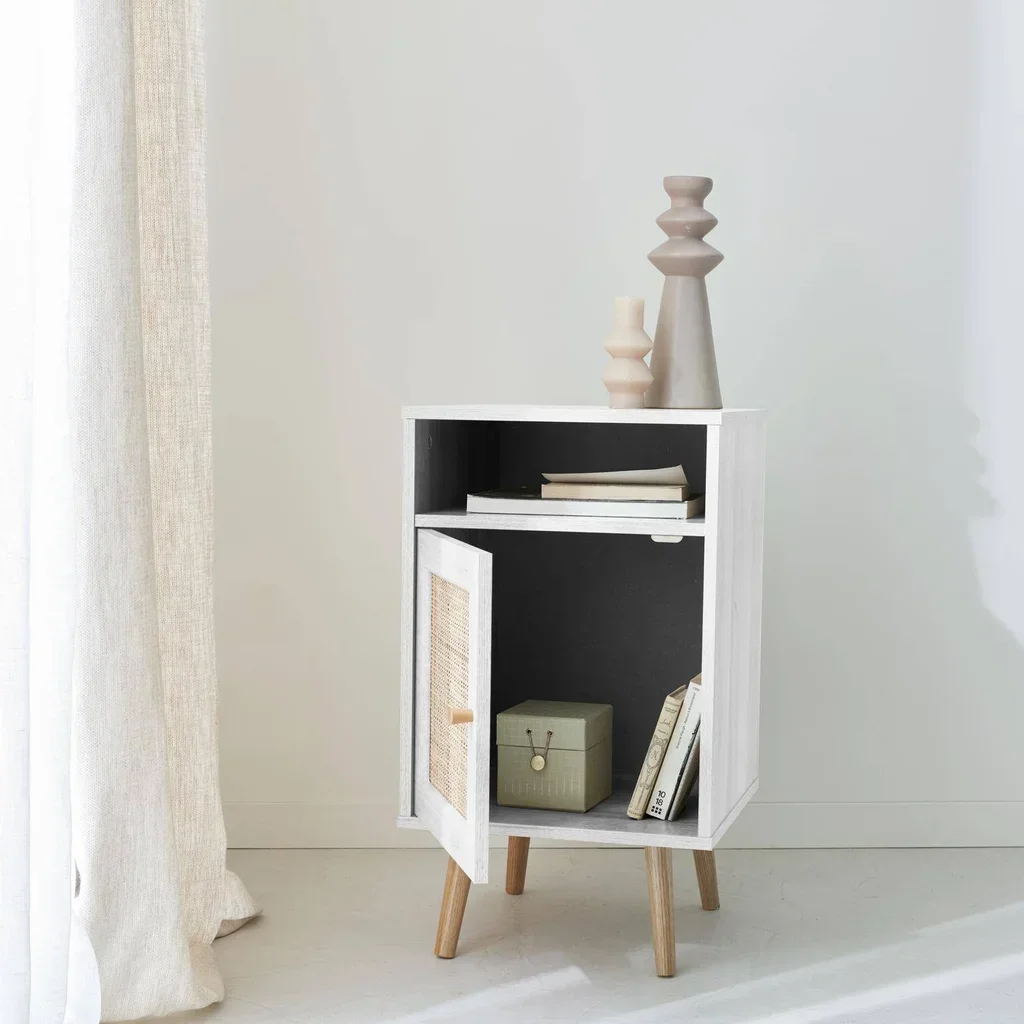 Table de nuit scandinave cannage 1 porte bois naturel bohème