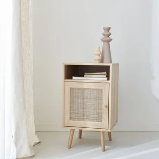 Table de nuit scandinave cannage porte bois chambre bohème chic