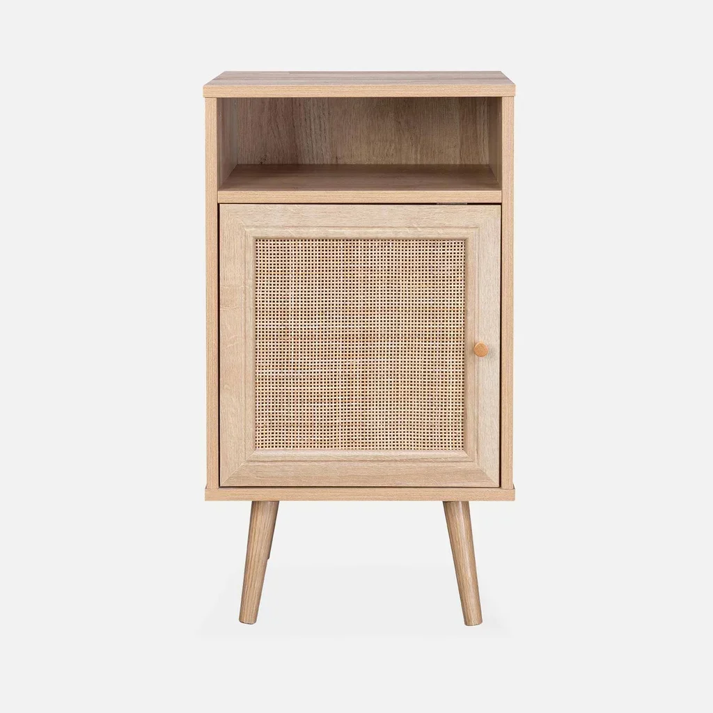 Table de nuit scandinave cannage porte bois chambre bohème chic